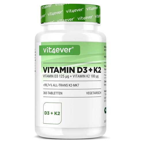 Vit4ever Vitamin D3 5000 I.E. 125 g + K2 100 g 365 Tabletten