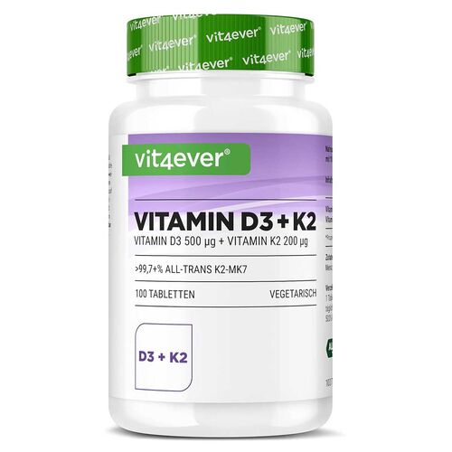 Vit4ever Vitamin D3 20.000 I.E. 500 g + K2 200 g 100 Tabletten